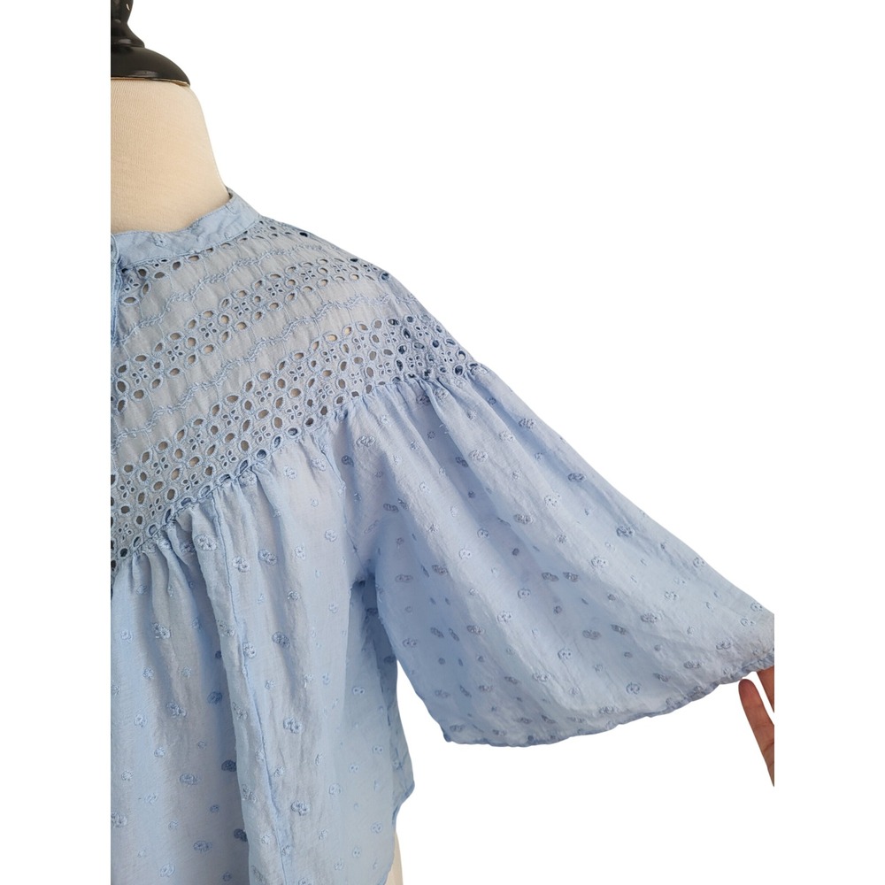 Calypso St Barth Swiss Dot Embroidered Blue Eyelet Lace Cotton Blouse Large Boho - Picture 5 of 13